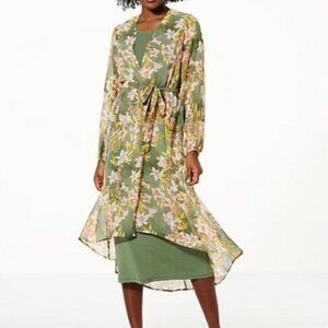 Colleen Lopez Blue Purple Floral Sheer Wrap Topper Duster Kimono Medium High Lo